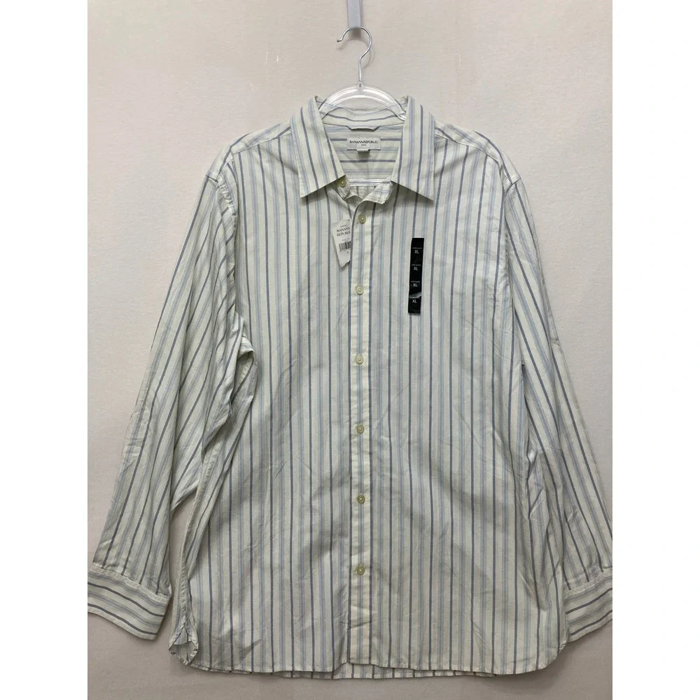 New Banana Republic Button Down Shirt XL Blue White Striped Cotton Long Sleeve